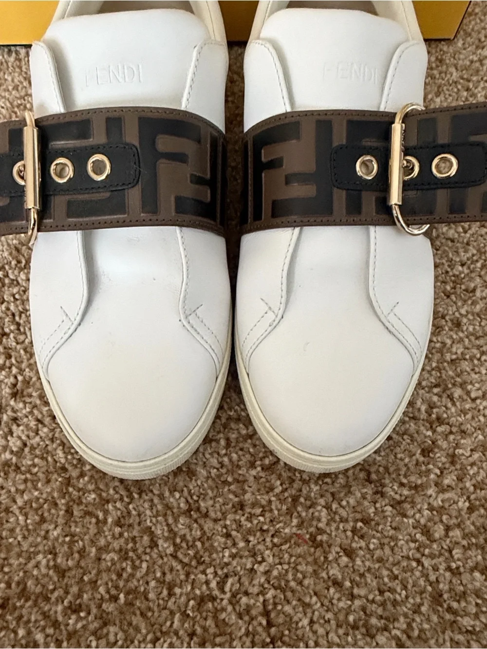 Fendi  White Sneakers with Brown FF Buckle Strap and Gold Hardware